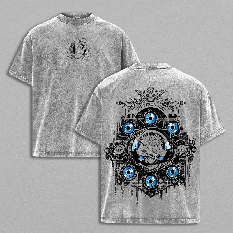 Футболка с принтом Годжо Сатору Аниме Jujutsu Kaisen Одежда Мужская Женская Футболки с коротким рукавом Ретро Выстиранная футболка Харадзюку Хлопковые топы