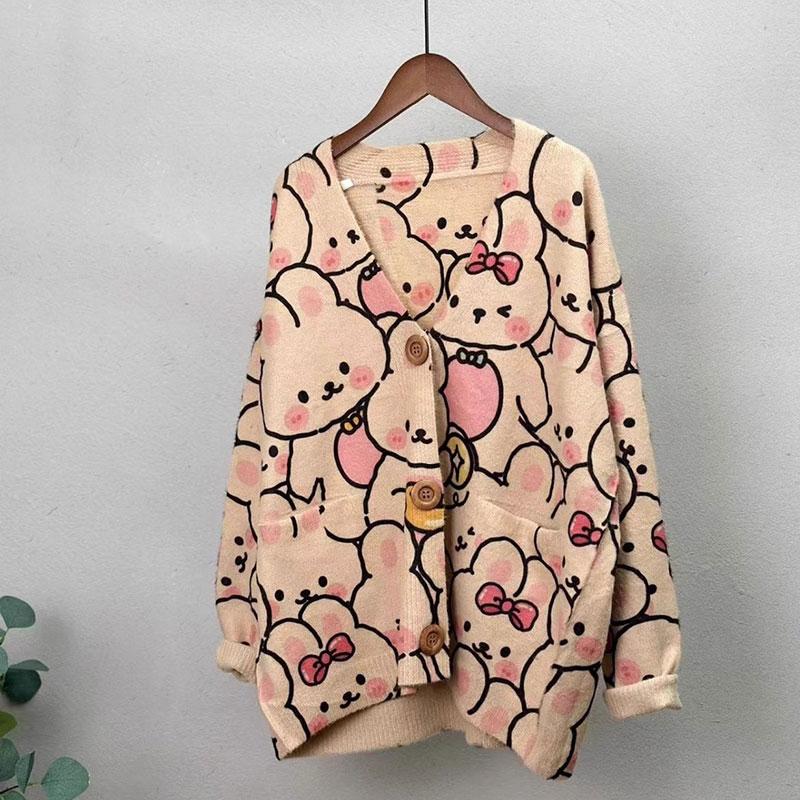 DIMANAF Новинка 2023 года, осенние свитера больших размеров, кардиган большого размера, женские свитера с цветочным принтом и мультяшным принтом, вязаный свободный свитер