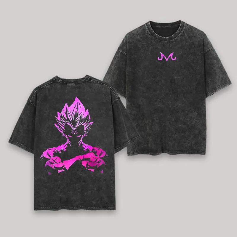 Majin Vegeta T Shirt Men Acid Wash Oversized Anime Pink Purple Gradient M Badge Cotton Vintage Gym Streetwear Graphic Back Tee