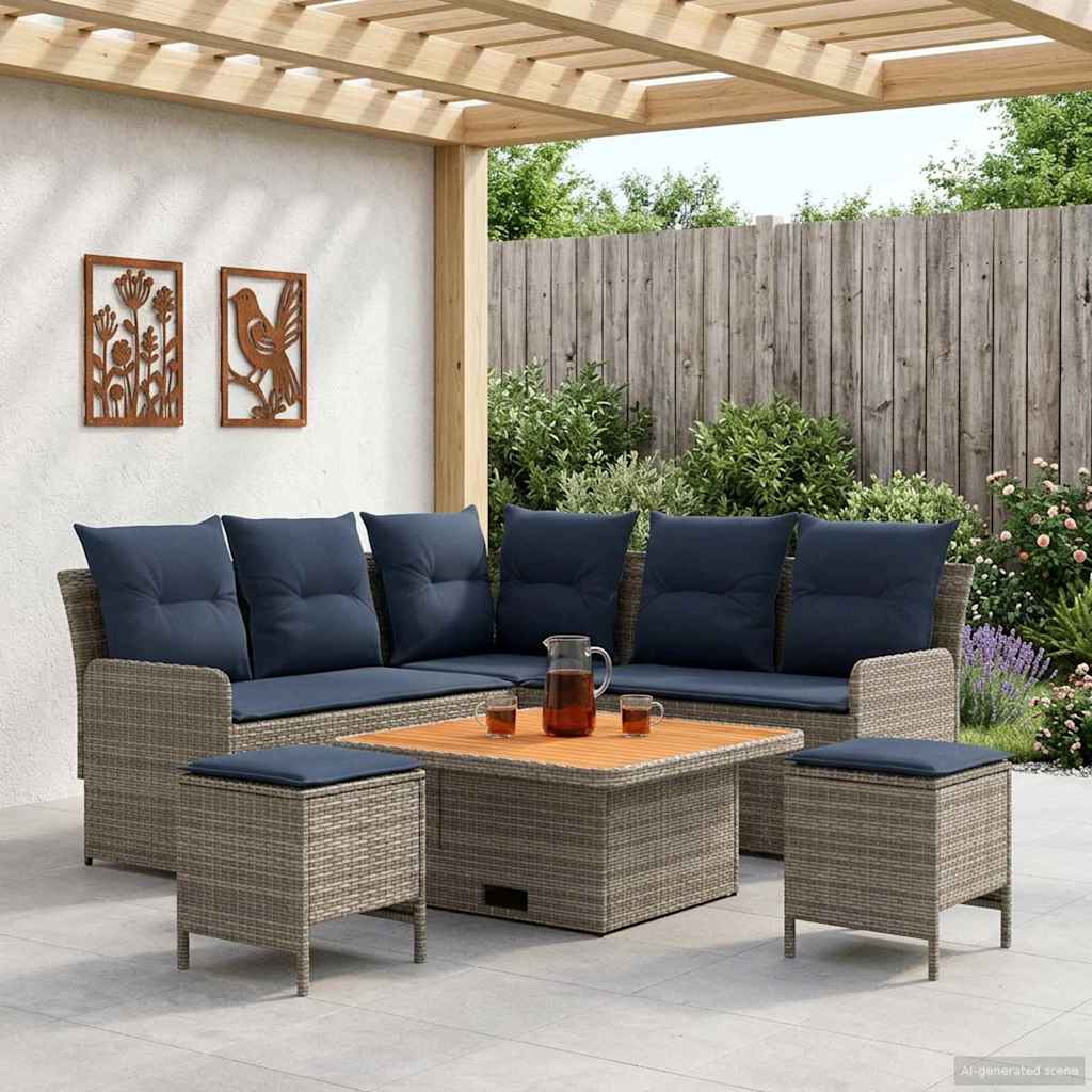 Furniture Set with Cushions 6 pcs Grey and Navy Blue PE Rattan