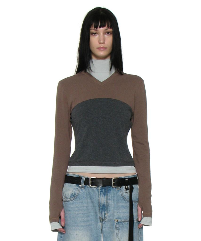 PARTIMENTO WOMEN Colorblock V-Neck Layered High-Neck Tee_Dusty Mint