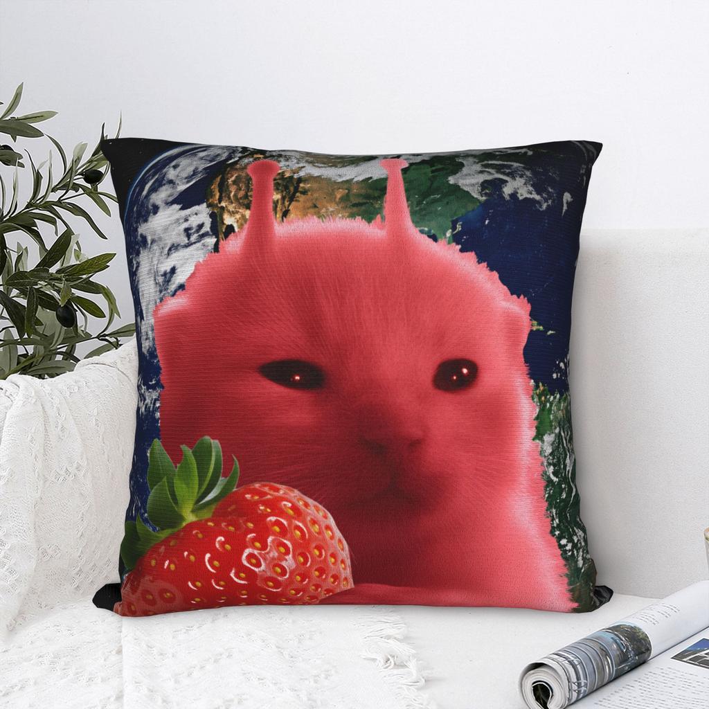 Pink Strawberry Aliens Cat Pillow Case Funny Pillow Cover Custom Pillowcases For Office Car Home Decor