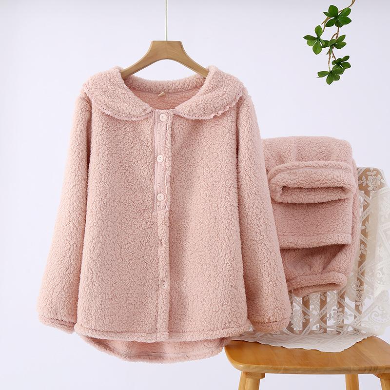 Women's Flannel Pajamas High Quality and Soft Autumn and Winter Thickened Warm Suits Long-sleeved Trousers Lapels Women's Home Service