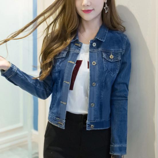 Женская короткая джинсовая куртка слим с отложным воротником, длинным рукавом и застежкой на пуговицы, джинсовая верхняя одежда