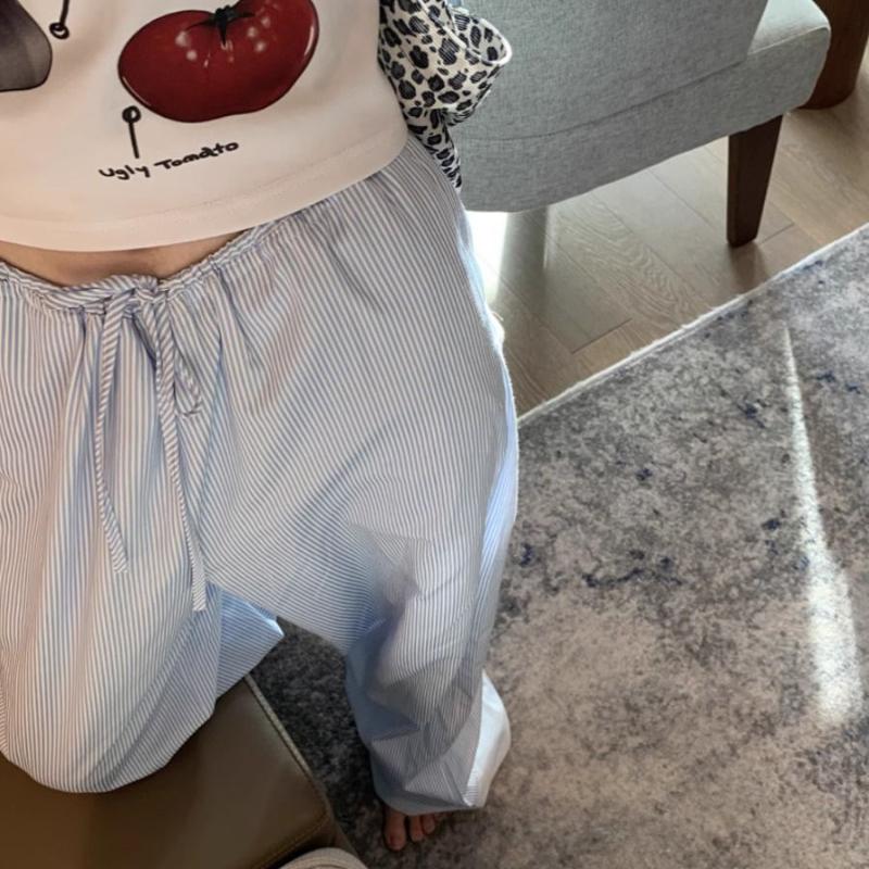 Женские летние тонкие синие брюки для отдыха с широкими штанинами в вертикальную полоску - Свободные повседневные охлаждающие брюки на кулиске для ходьбы