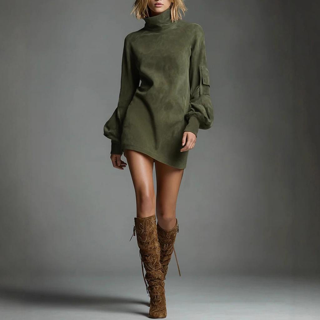 Women's High-neck Suede Short Dress, Solid Color Long-sleeve Dress For Fall And Winter
