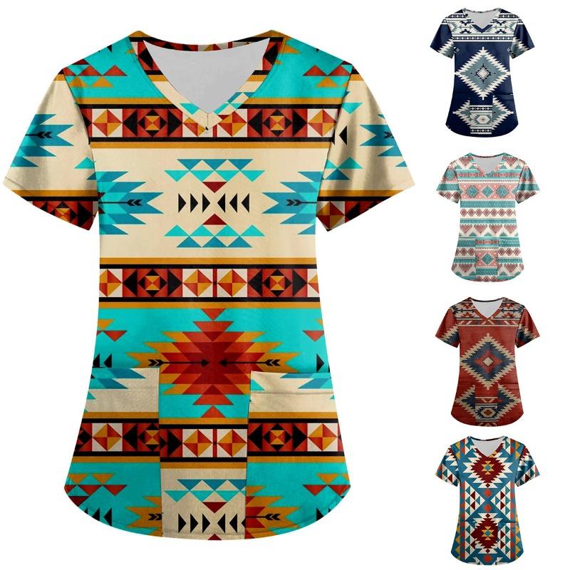 Summer Women's Retro Printed Loose Casual V-neck Short Sleeved Pocket Top T-Shirts Women’s