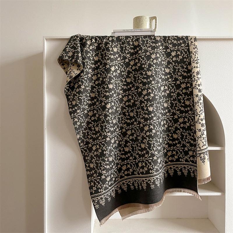 Autumn and Winter Versatile Elegant Small Floral Imitation Cashmere Scarf Women's High-end Warm Scarf Shawl Car Blanket Women