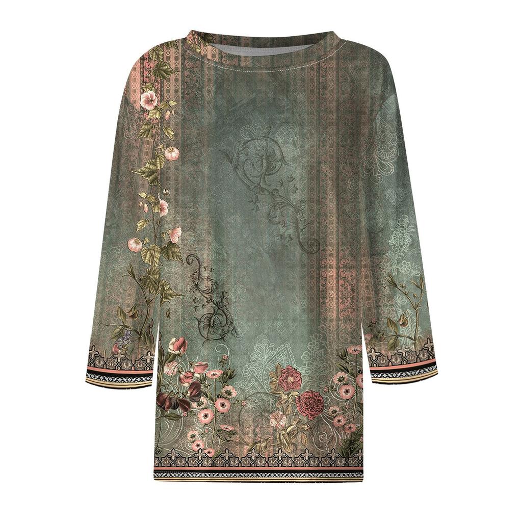 3/4 Length Sleeve Womens Tops Floral Print Vintage Fashion Casual Loose With Round Neck Plus Size Shirts