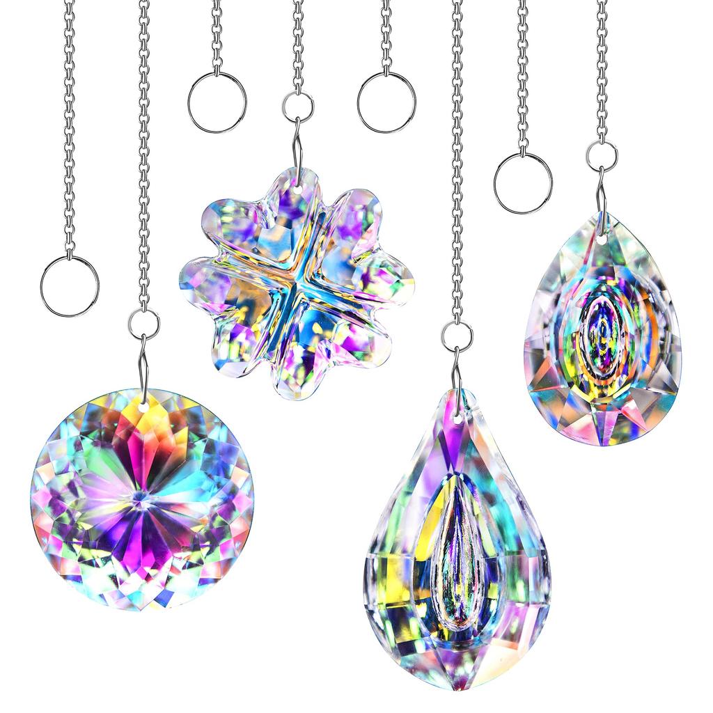 4pcs Clover-Shaped Round Crystal Pendant Crystal Rainbow Sun Catcher Wedding Decor Home Wedding Party Decoration Ornament
