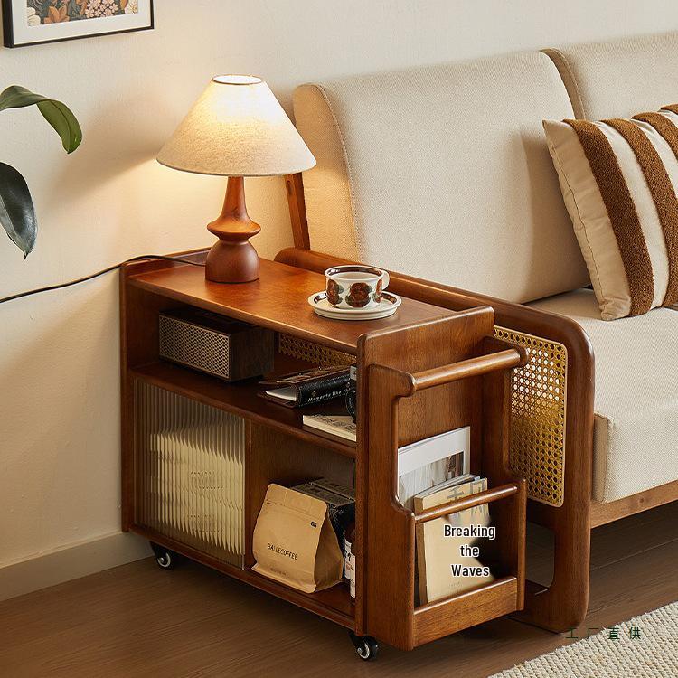 Solid Wood Retro Trolley: Movable Side Table & Snack Cart