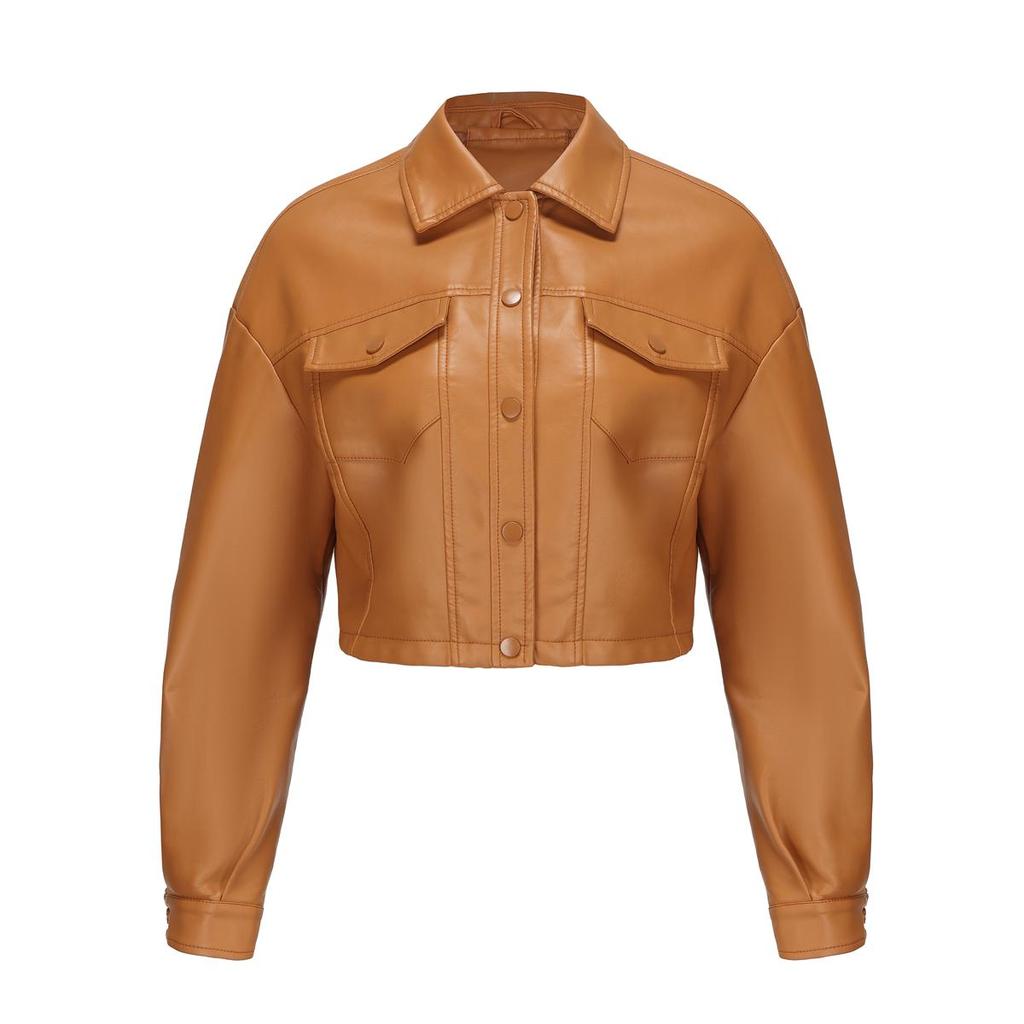 Women’s Jackets Faux Leather Long Sleeves Single Breasted Crop Top Punk Jacket Short Motorcycle Coat Fashion Out Wear