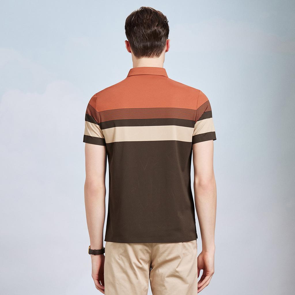 [Including Mulberry Silk] Color blocked striped short sleeved polo shirt for men's summer stretch and easy to maintain business casual T-shirt