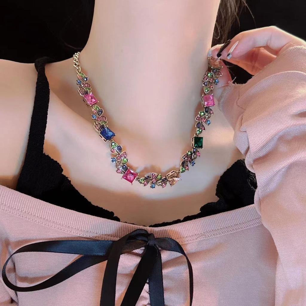 Винтажное винтажное ожерелье с инкрустацией из цветных драгоценных камней в стиле тяжелой промышленности для женщин, преувеличенная индивидуальность, атмосферные серьги, ожерелье, цепочка для свитера
