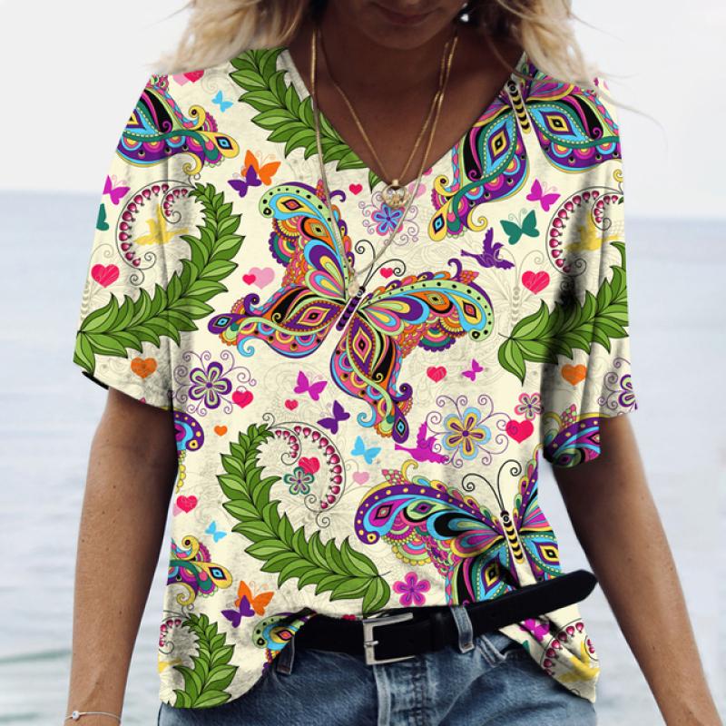 Женские футболки с v-образным вырезом, модные футболки с цветочным рисунком, летние короткие женские топы с принтом, повседневные футболки в стиле Харадзюку 5XL