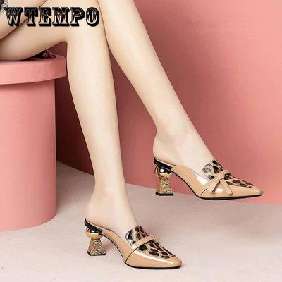 Мягкие кожаные тапочки. Женские летние удобные тапочки. Сандалии и тапочки на высоком каблуке с квадратным носком.