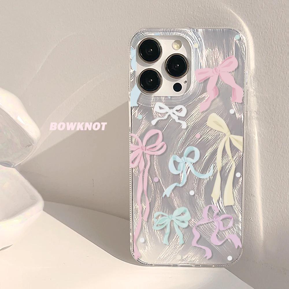 For iPhone 16 Pro Case Luxury Laser Silver Bow Knot Case for iPhone 15 14 13 12 11 Pro Max 16E 7 8 16 Plus SE2 X XS XR Cover