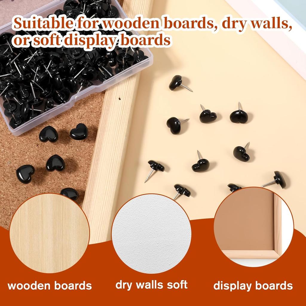120 Pcs Black Heart Push P, Decorative Cute Push P for Travel Picture Photo Bulletin Board Wall DIY Craft Home School Office