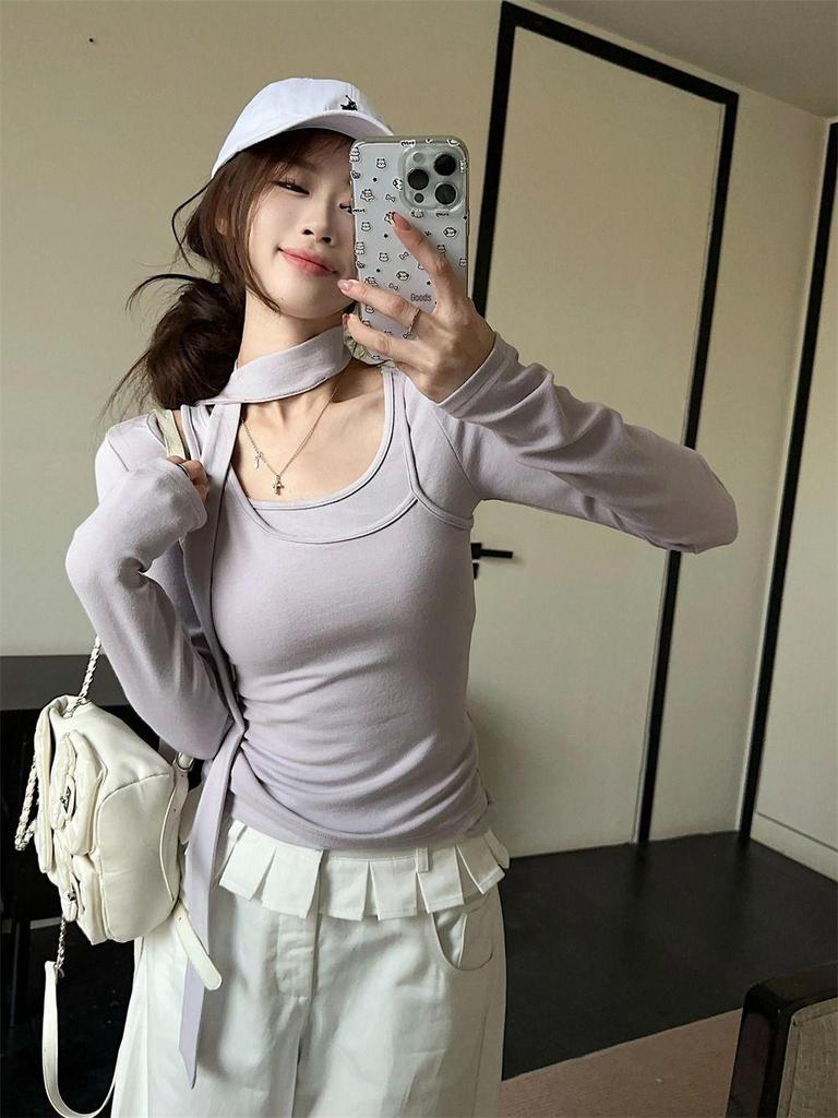 Женская весенняя ветрозащитная футболка с длинными рукавами и лентой, состоящая из двух частей