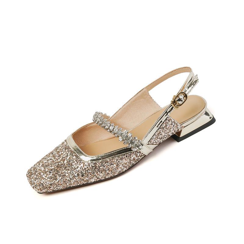 French Sequined Sandals Rhinestone Square Head Mary Jane Bag Head Sandals Women's Versatile Thick Heel Empty Single Shoes Summer Sandals