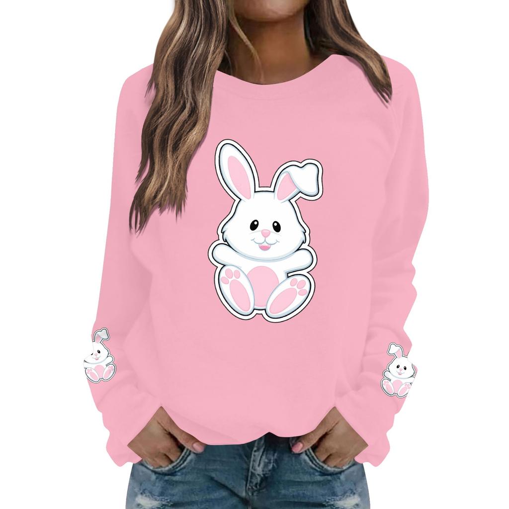 Женская мода повседневная толстовка с длинным рукавом и круглым вырезом с принтом пасхального кролика