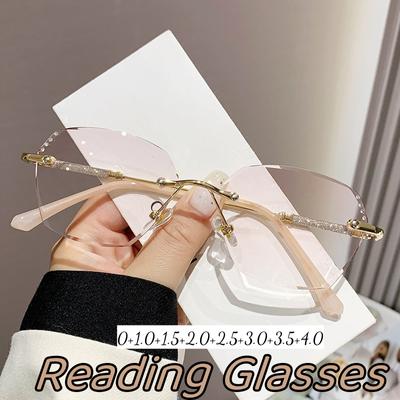 Роскошные розовые очки для чтения без оправы с квадратной оправой для женщин с алмазной огранкой, пресбиопические анти-синие очки для дальнего зрения для женщин