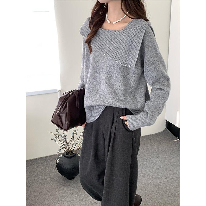 2026 Autumn Korean Style Elegant Beaded Lapel One-Shoulder Knit Sweater
