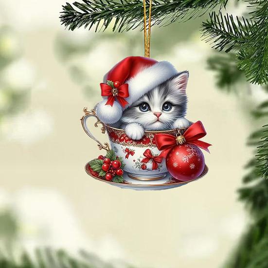 Acrylic Teacup Cat Hanging Ornaments Cute Cartoon Cat Christmas Ornament 2D Flat Car Mirror