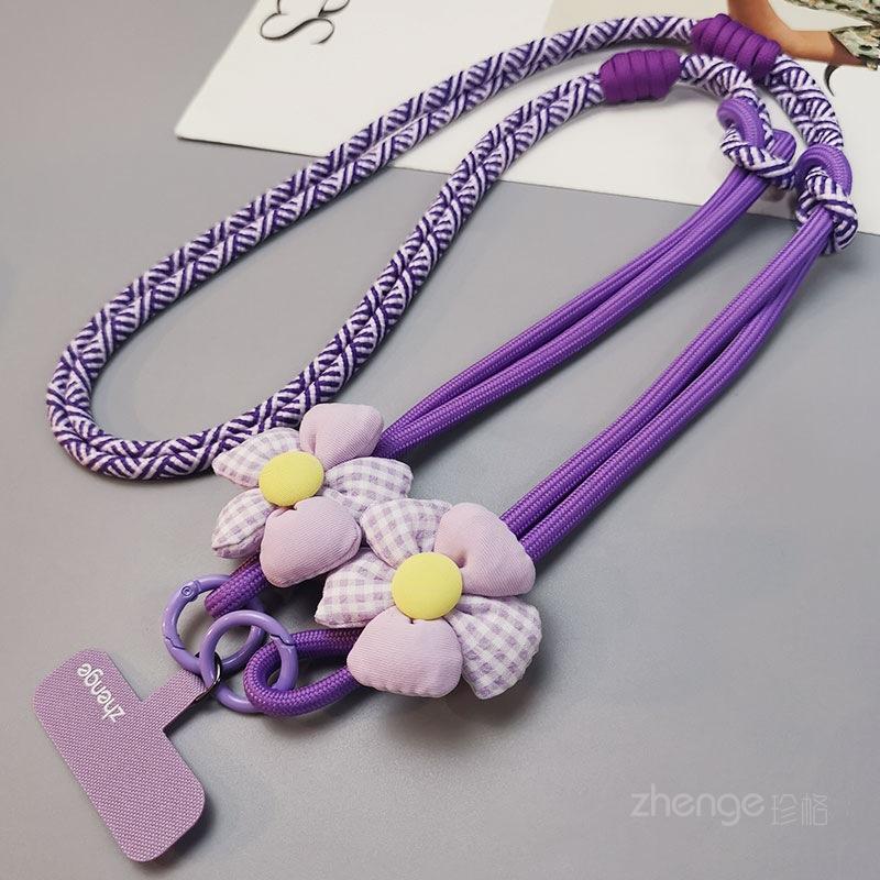 Crossbody & Wrist & Neck Three-purpose mobile phone lanyard adjustable long ins women's back rope flower braided rope