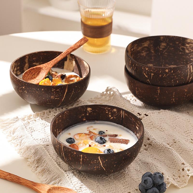 Natural Coconut Bowl Set Wooden Salad Ramen Bowl Coconut Wood Spoon Set Coco Smoothie Kitchen Tableware Coconut Bowl