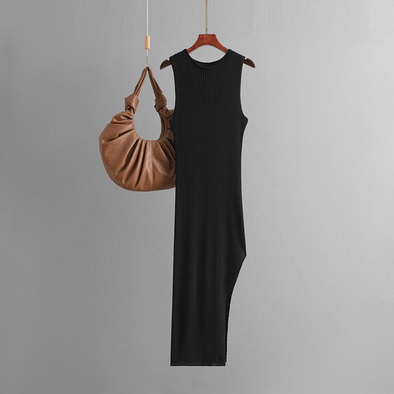 Женское осеннее винтажное сексуальное вязаное платье с открытой спиной и высокой талией, тонкое платье с разрезом
