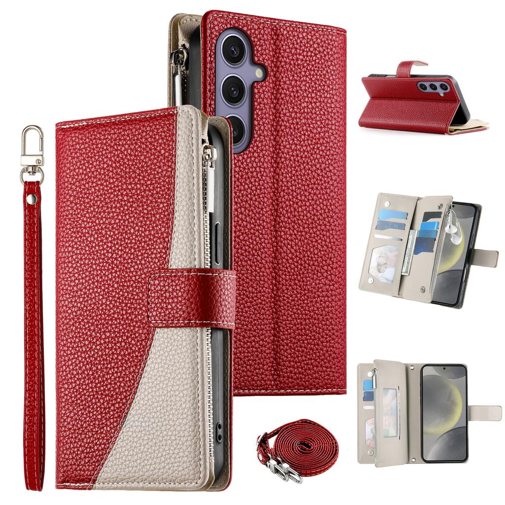 For Samsung Galaxy S25+/S24+ Case Zipper Wallet Color Splicing Leather Flip Phone Cover with Straps