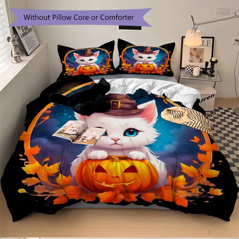 3pcs Halloween Cute White Cat Pumpkin Quilt Set - Soft and Comfortable Bedroom, Guest Room and Dorm Decor Bedding Set 1 Quilt Cover + 2 Pillowcas