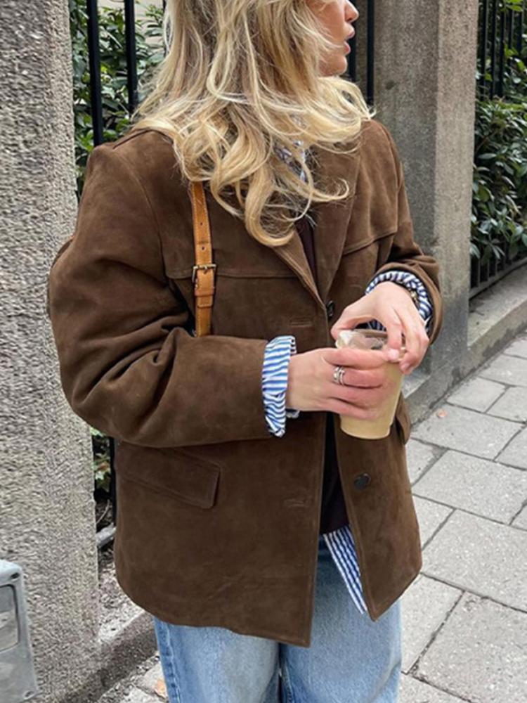 Loose Vintage Suede Jackets Women Lapel Single Breasted Long Sleeves Pockets Blazer Jacket Autumn Maillard Outerwears