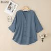 Women Casual V-Neck Solid Color 3/4 Sleeve Blouse