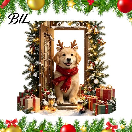 Vinyl Wall Art for Bedroom 2Pcs 3D Illusion Christmas Dog Sticker, Removable Self?Adhesive Wear Resistant PVC Murals Decal, Holiday Puppy