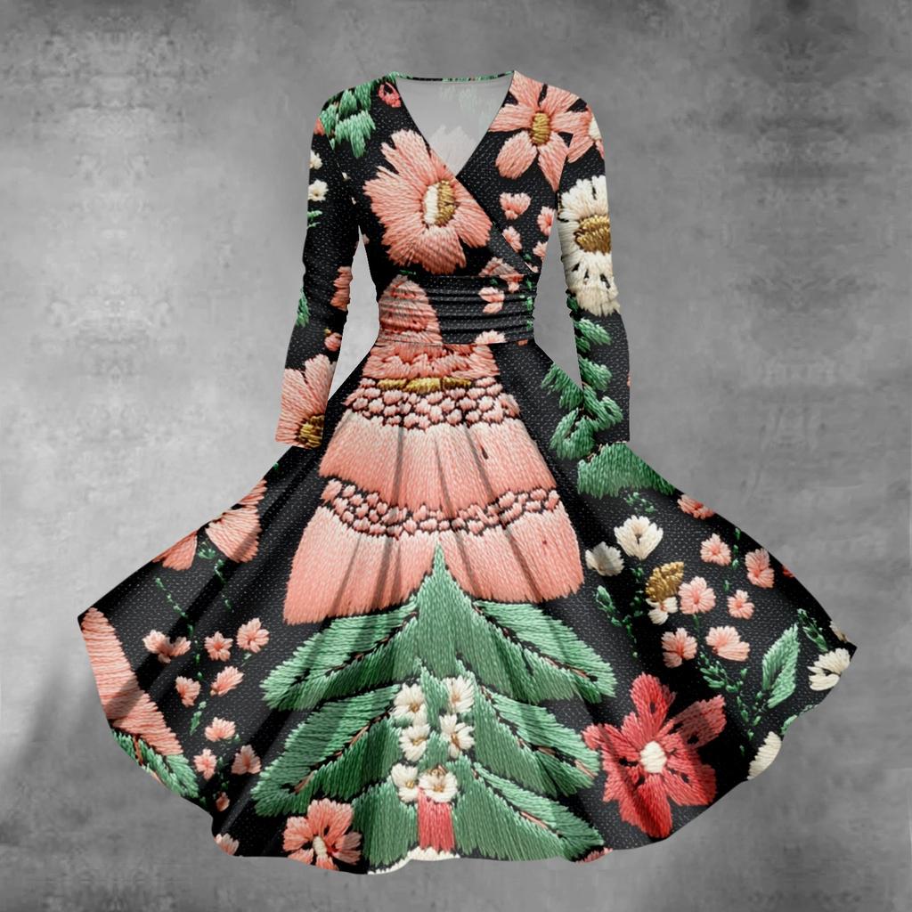 Women's Christmas Tree Snowflake Print V-Neck Slim Fit Long Sleeve Swing Dress