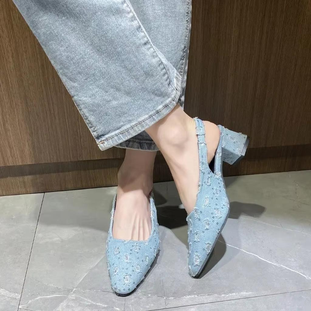 Летние новые джинсовые сандалии с пайетками, закрытым носком и блочным каблуком для женщин больших размеров