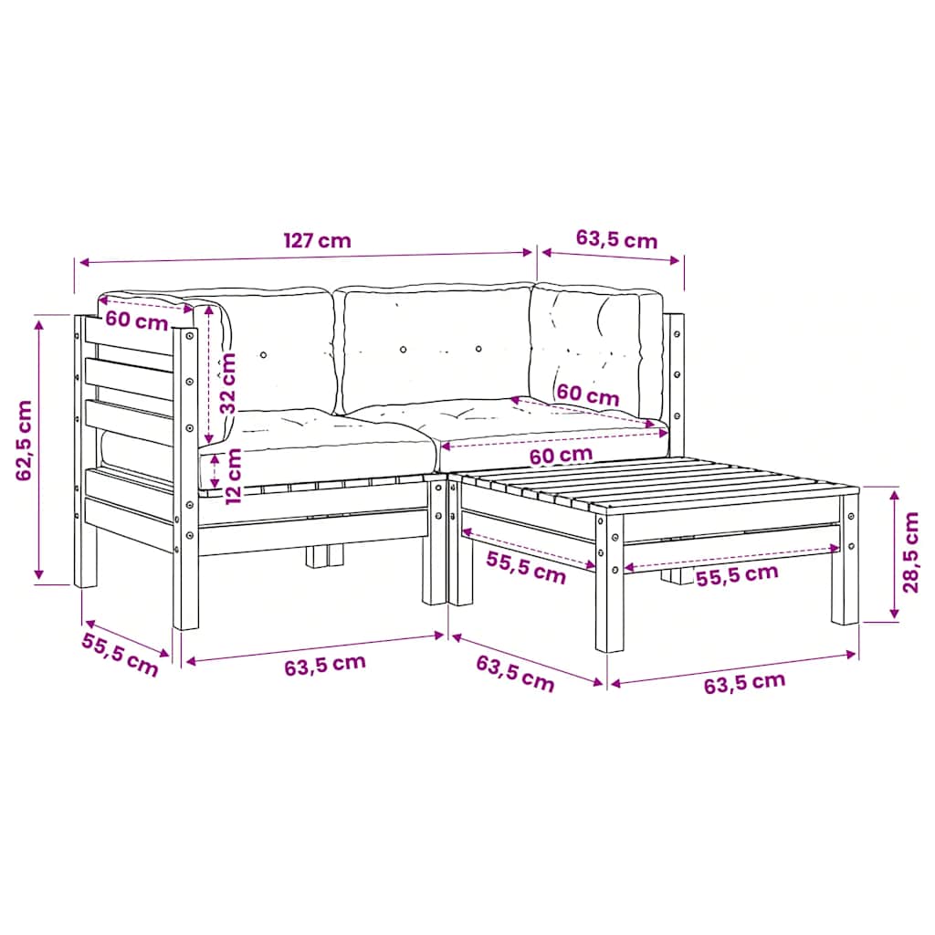3 Piece Garden Lounge Set with Grey Cushions Solid Pine Wood