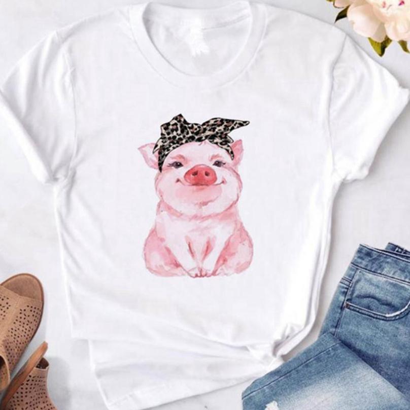 Women Exquisit Summer Women's Tops White Square Print Cartoon Leopard Piglet Print Women's T-shirt