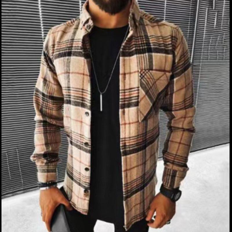 New Arrival Plaid Shirt New Men's Shirt Plaid Pocket Long Sleeve Shirt