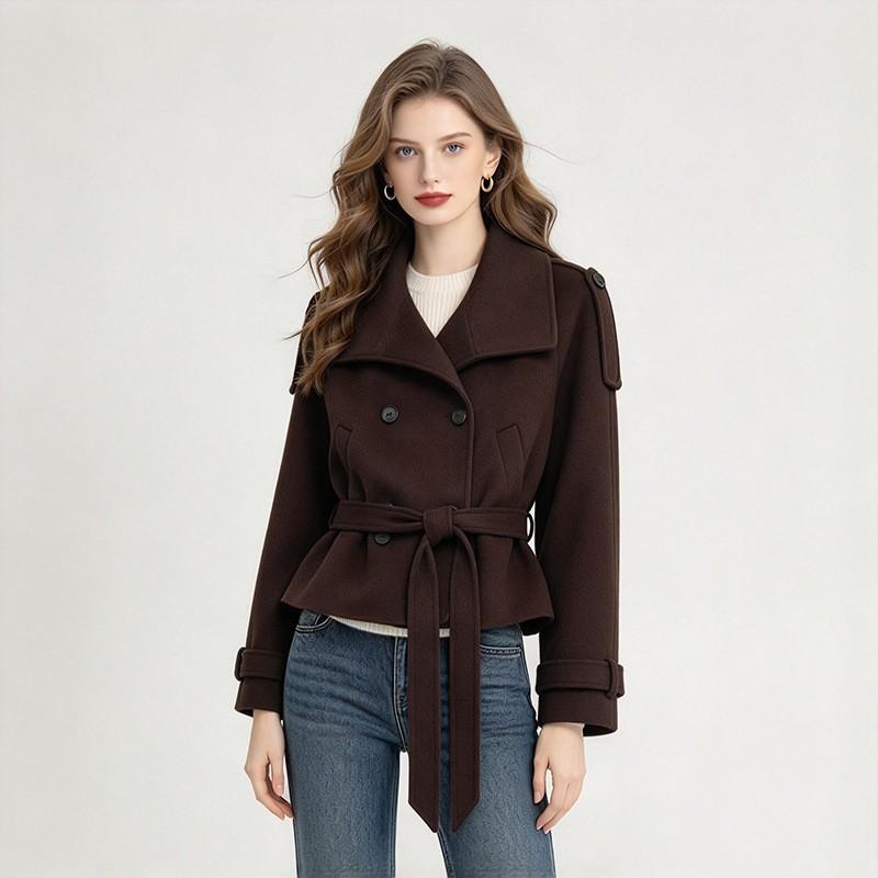 Womens Wool Blend Coat Casual Double Breasted Tie Front Jacket Outerwear