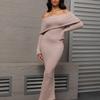 Maxi Dress Sexy Elastic Long Sleeve Off-Shoulder Solid Color Close-Fitting Style Long Dress Wrinkle-Resistant Party Dress