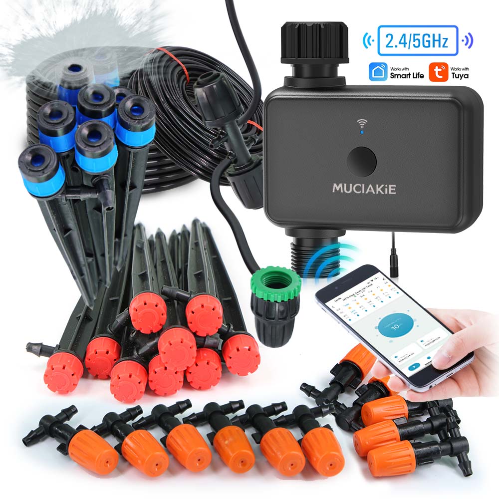 20FT 1/2" Hose 5G Dual Frequency Garden Irrigation Timer Kit 1/4" Adjustable Sprinkler Remote Control Automatic Watering System