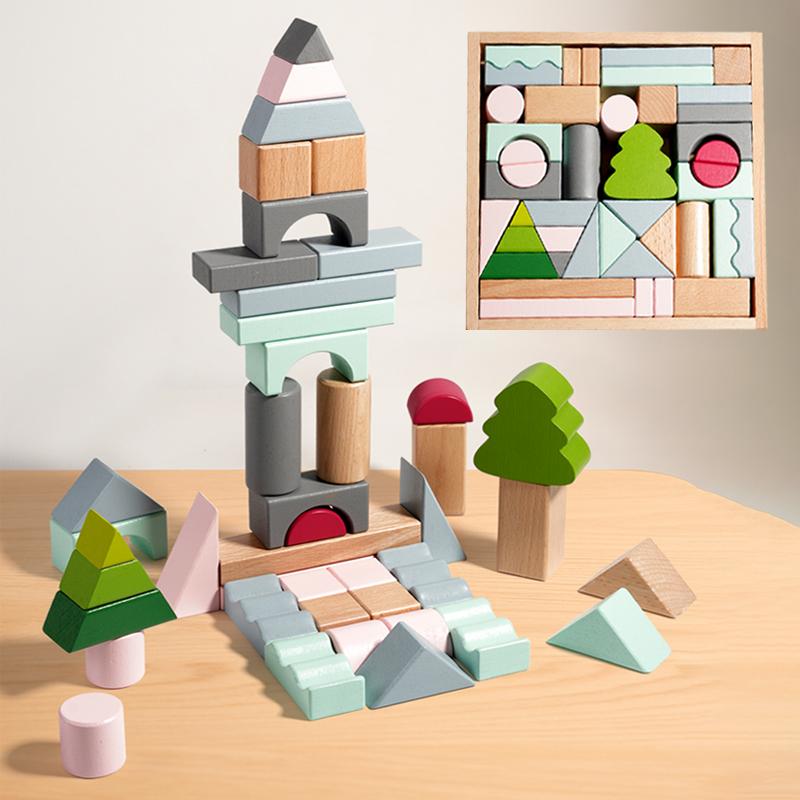 Деревянные строительные блоки для детей, stacking block, 43 шт., развивающая игрушка для малышей, дошкольная, для детей