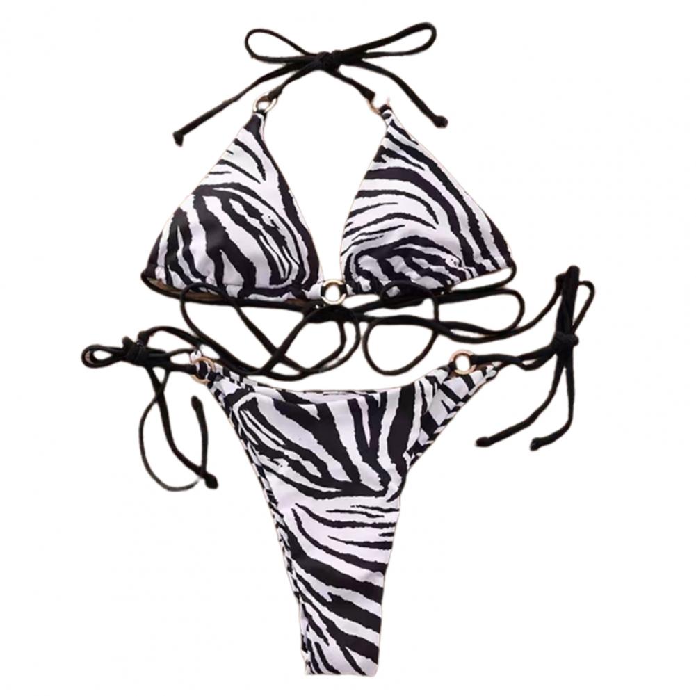 Low-rise Briefs Bikini Set Zebra Print Halter Bikini Set with High Waist Lace-up Briefs Women's Summer Swimwear Set with for A