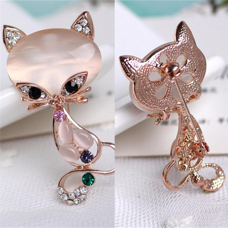 Opal Stone Fox Brooches Womens Cute Animal Pin Brooch Jewelry