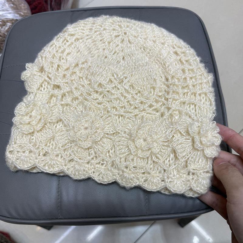 Double-layer versatile handmade pullover crochet hat autumn and winter flower knitted wool hat warm hollow fashion stacking hat