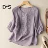 Women Shirt Round Neck Half Sleeve Embroidery Flower Pattern Tops Solid Color Thin Retro Blouse Daily Wear