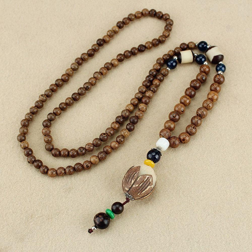 Festival Ethnic Jewelry Party Handmade Mala Wood Bead Horn Fish Pendant Buddhist Nepal Necklace